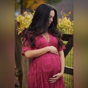PinkBlush Magenta Lace Mesh Overlay Maternity Maxi Dress Size M
